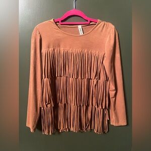 Chic Fringe Detail Tan Long Sleeve Top